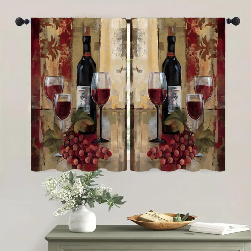 Famiffty Red Wine Kitchen Curtains 27.5W X 39L Inch 2 Panels Rod Pocket Vintage Burgundy Abstract Grapes Small Short Cafe Tier Curtains Retro Glasses Neutral Bottles Window Drapes Treatment Home Decor - Image 4