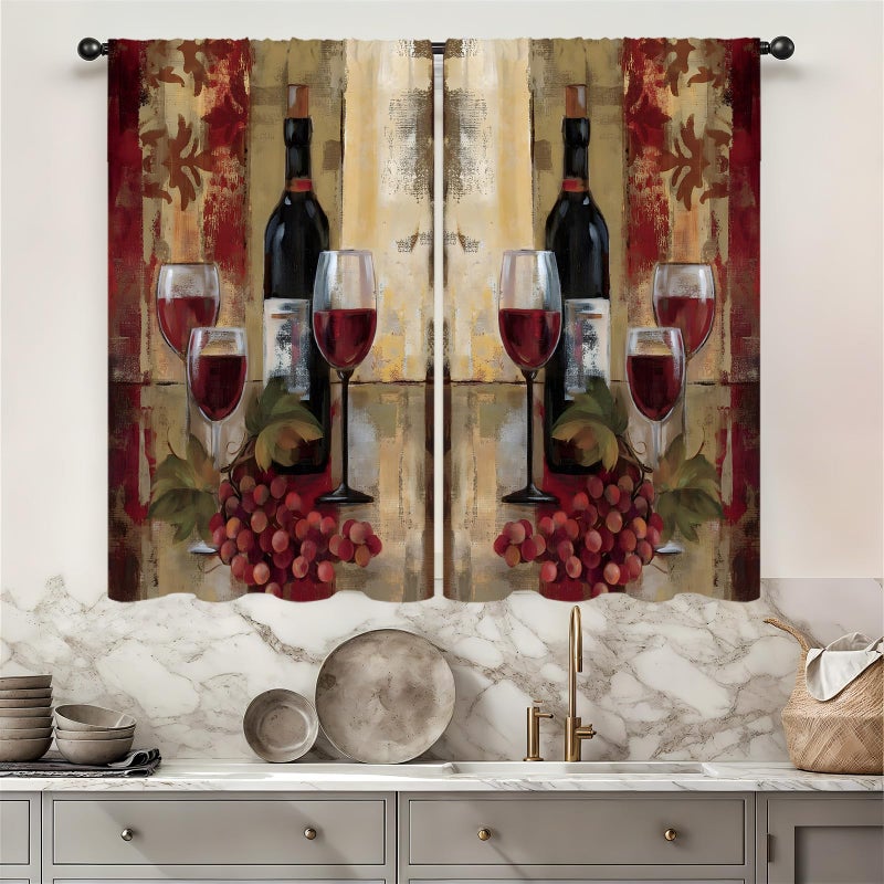 Famiffty Red Wine Kitchen Curtains 27.5W X 39L Inch 2 Panels Rod Pocket Vintage Burgundy Abstract Grapes Small Short Cafe Tier Curtains Retro Glasses Neutral Bottles Window Drapes Treatment Home Decor - Image 1