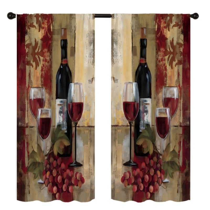 Famiffty Red Wine Kitchen Curtains 27.5W X 39L Inch 2 Panels Rod Pocket Vintage Burgundy Abstract Grapes Small Short Cafe Tier Curtains Retro Glasses Neutral Bottles Window Drapes Treatment Home Decor - Image 5