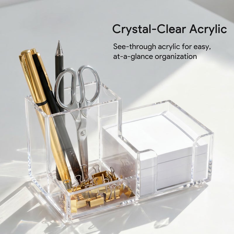 HBlife Acrylic Pen Holder for Desk, 3-Compartment Small Desk Organizer, Clear Office Supplies Desk Accessories with Sticky Notes Holder Stores Post It Notes 3X3 for Office, Home and School - Image 3