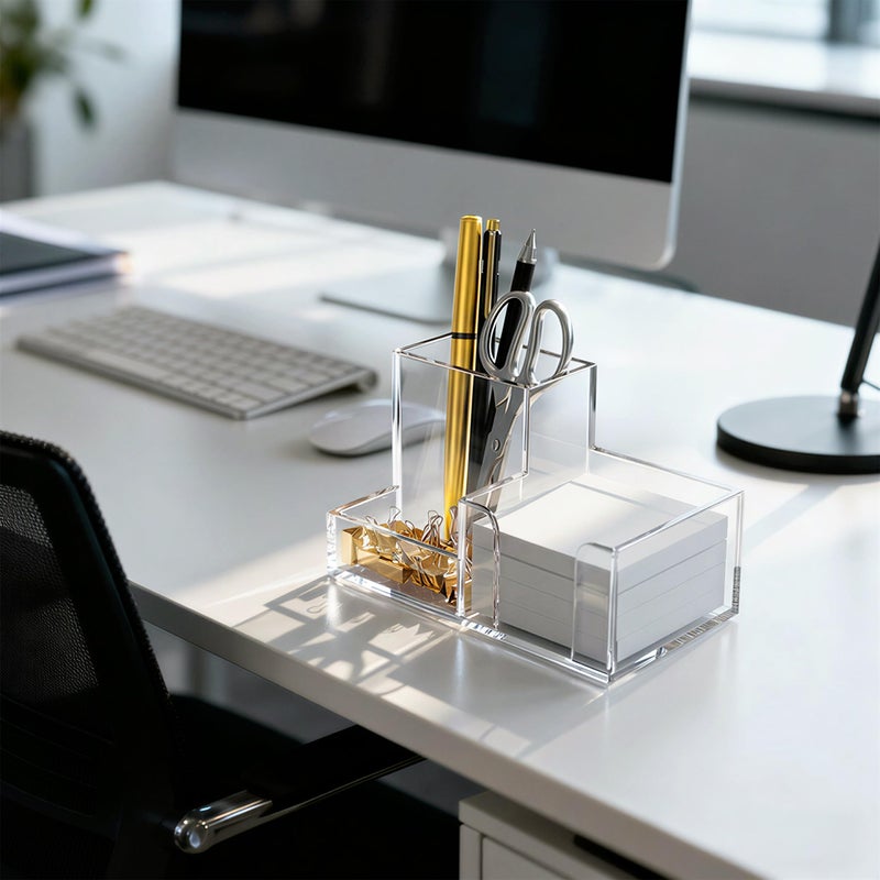 HBlife Acrylic Pen Holder for Desk, 3-Compartment Small Desk Organizer, Clear Office Supplies Desk Accessories with Sticky Notes Holder Stores Post It Notes 3X3 for Office, Home and School - Image 2