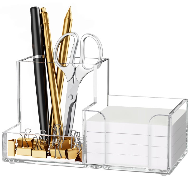HBlife Acrylic Pen Holder for Desk, 3-Compartment Small Desk Organizer, Clear Office Supplies Desk Accessories with Sticky Notes Holder Stores Post It Notes 3X3 for Office, Home and School - Image 1
