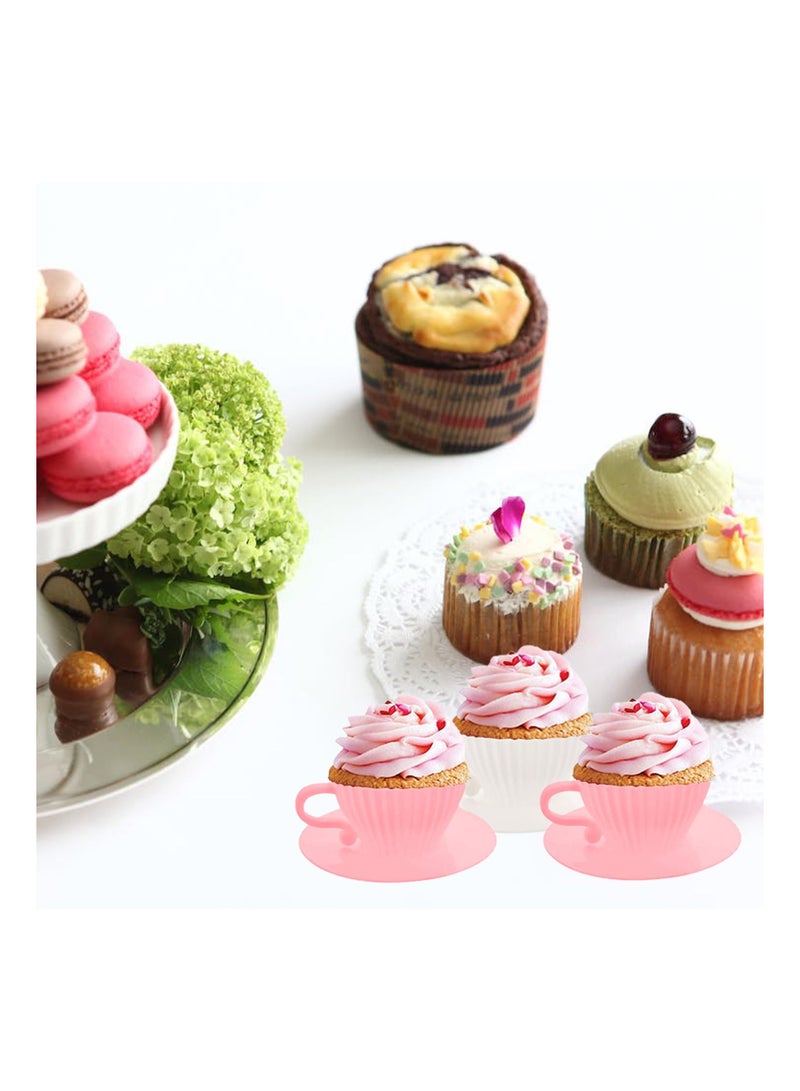 Silicone Muffin Cups for Baking Cupcake Liners Reusable Chocolate 8 Teacups with 8 Saucers White - Image 3