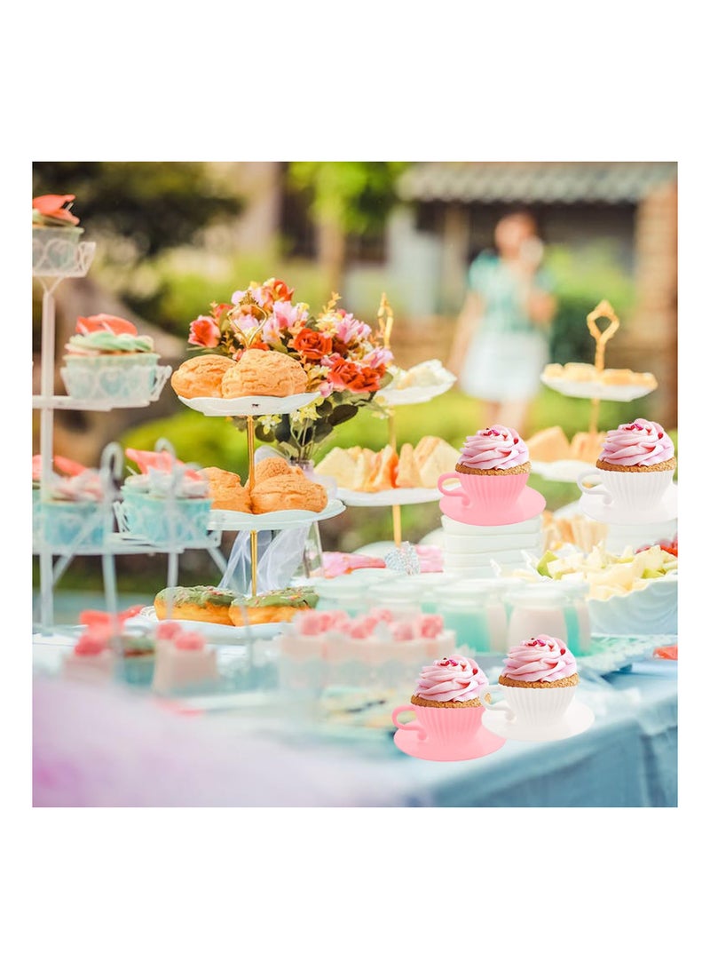 Silicone Muffin Cups for Baking Cupcake Liners Reusable Chocolate 8 Teacups with 8 Saucers White - Image 2