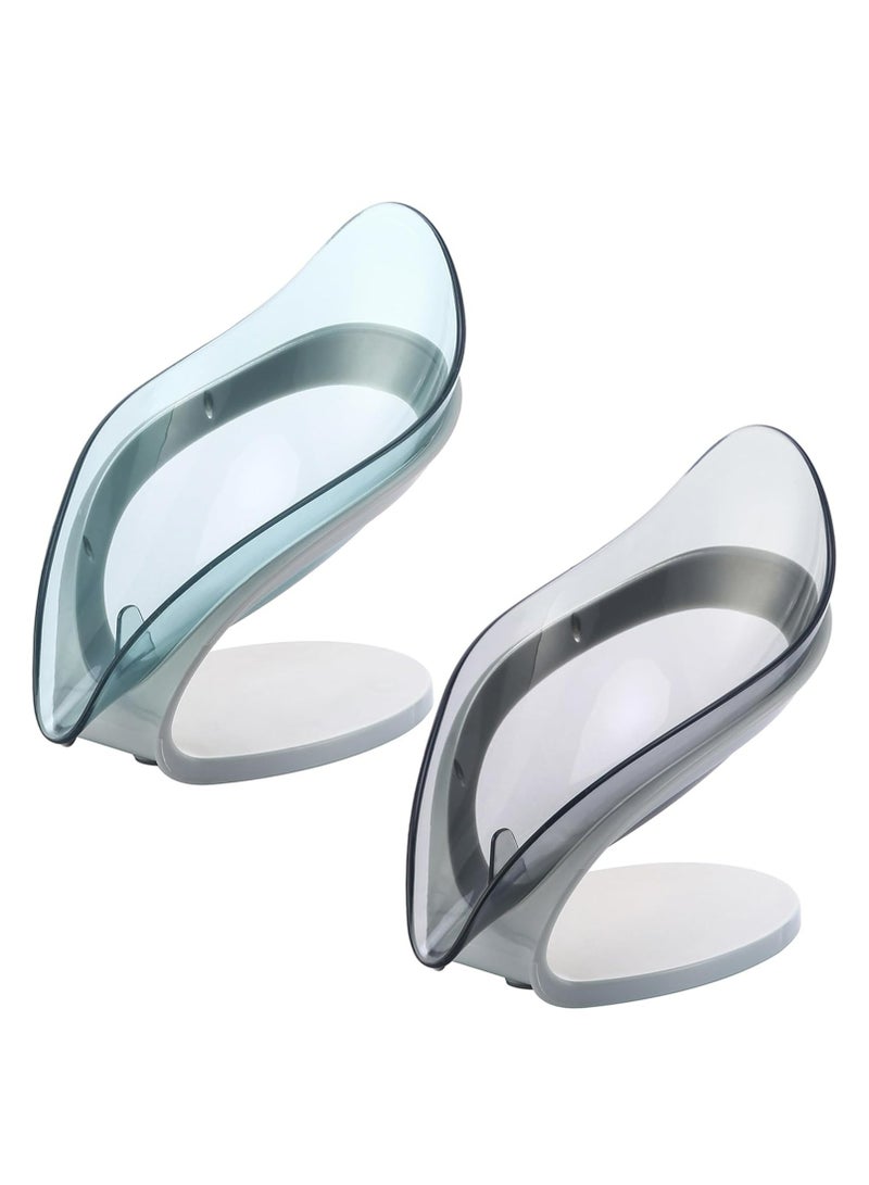 أوزيغالور عدد 2 قطعة حاملات صابون ذاتية التصريف، صحن كأس شفط، على شكل ورقة للاستحمام/الحمام/المطبخ (رمادي + أزرق) - Image 1