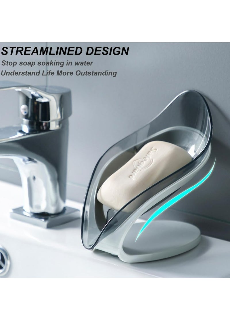 أوزيغالور عدد 2 قطعة حاملات صابون ذاتية التصريف، صحن كأس شفط، على شكل ورقة للاستحمام/الحمام/المطبخ (رمادي + أزرق) - Image 2