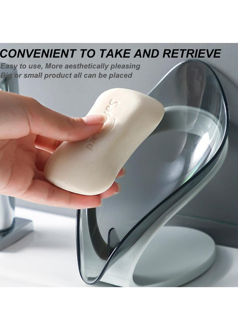 أوزيغالور عدد 2 قطعة حاملات صابون ذاتية التصريف، صحن كأس شفط، على شكل ورقة للاستحمام/الحمام/المطبخ (رمادي + أزرق) - Image 3