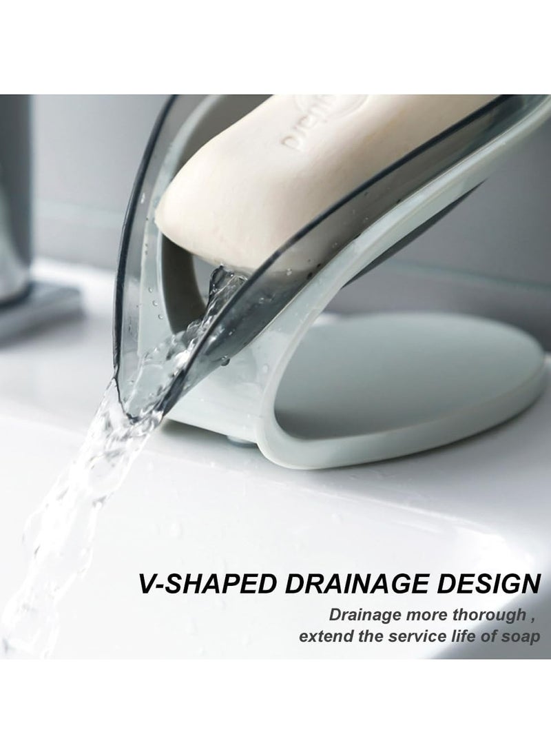 أوزيغالور عدد 2 قطعة حاملات صابون ذاتية التصريف، صحن كأس شفط، على شكل ورقة للاستحمام/الحمام/المطبخ (رمادي + أزرق) - Image 4