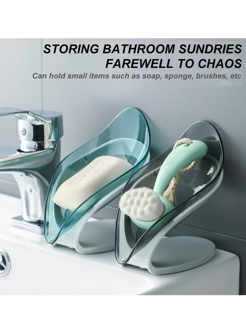 أوزيغالور عدد 2 قطعة حاملات صابون ذاتية التصريف، صحن كأس شفط، على شكل ورقة للاستحمام/الحمام/المطبخ (رمادي + أزرق) - Image 5