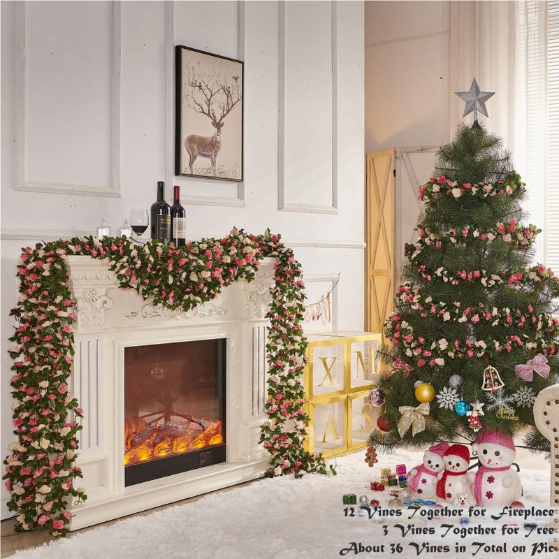 PONKING 8 Pcs x 8.2 ft Flower Garland Artificial Rose Vine Flowers with Green Leaves Hanging Fake Roses Vine for Room Party Home Wedding Birthday Christmas Wall Arch Decor, Champagne Flower - Image 4