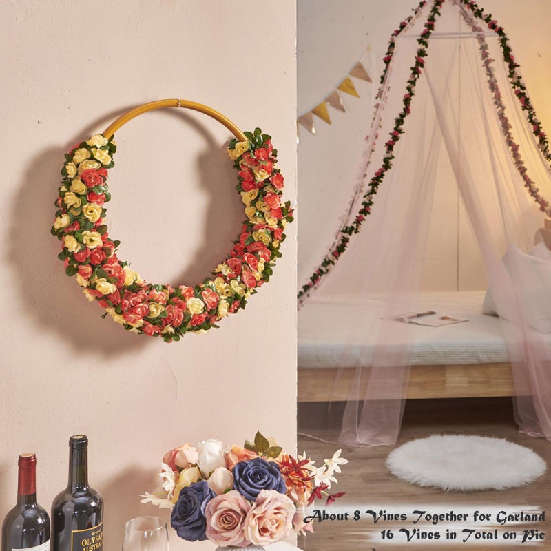 PONKING 8 Pcs x 8.2 ft Flower Garland Artificial Rose Vine Flowers with Green Leaves Hanging Fake Roses Vine for Room Party Home Wedding Birthday Christmas Wall Arch Decor, Champagne Flower - Image 5