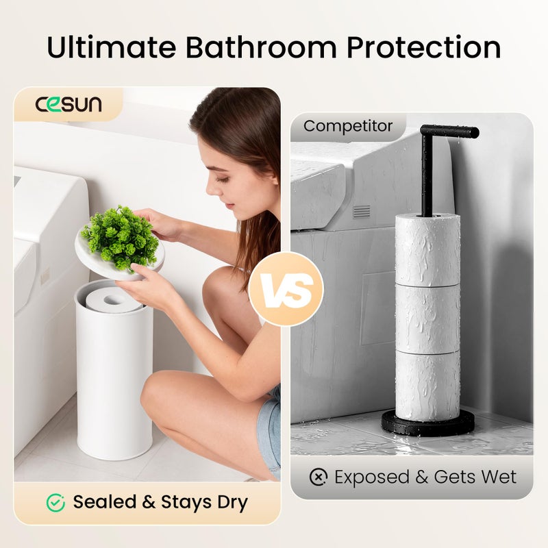 Cesun Toilet Paper Storage Bin, Enclosed Toliet Paper Holder with 3-Roll Capacity, White Stainless Steel Canister with Decorative Green Plant Lid - Image 3
