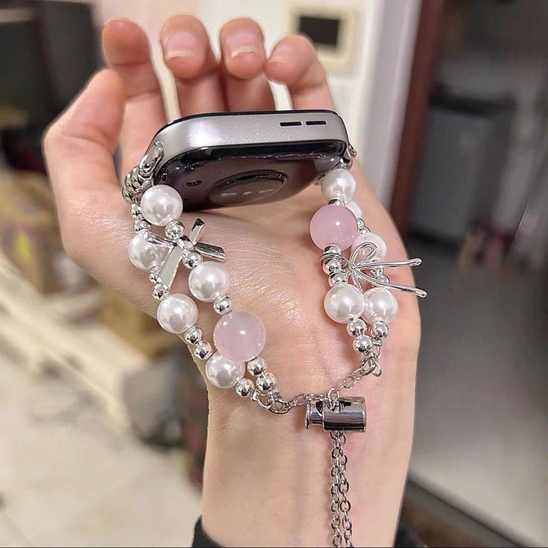 Sweet Bowknot Metal Pearl Watch Strap Compatible with Huawei, Xiaomi, Apple Watches - Image 2