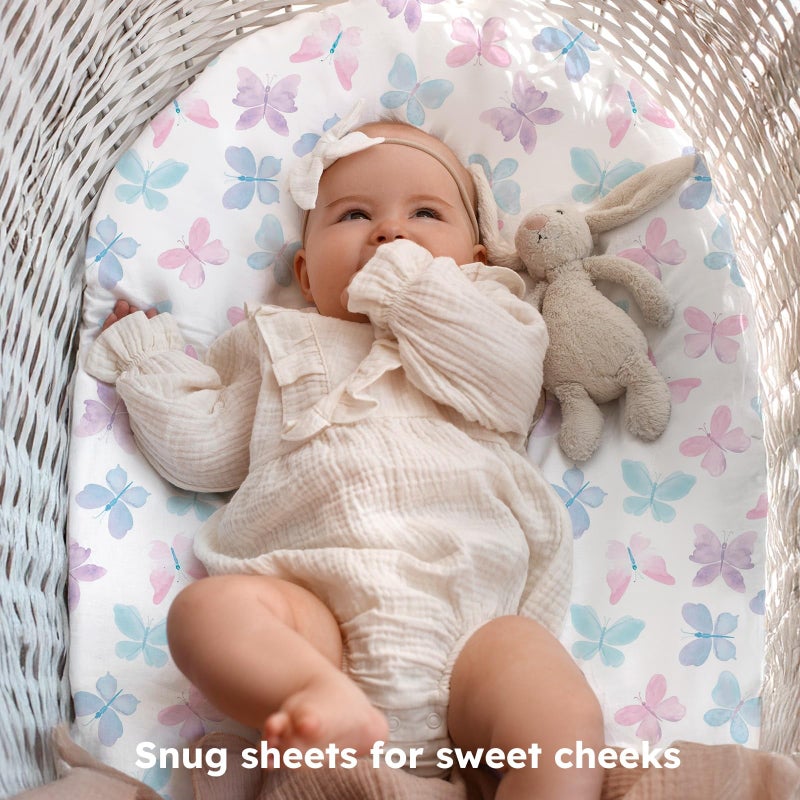 FIEMOL Baby Bassinet Sheets Girl, 3 Pack Fitted Bassinet Mattress Sheets, Compatible with Halo Bassinest Swivel Sleeper&Oval Hourglass Rectangle Mattress,Ultra Soft Butterfly Floral - Image 3
