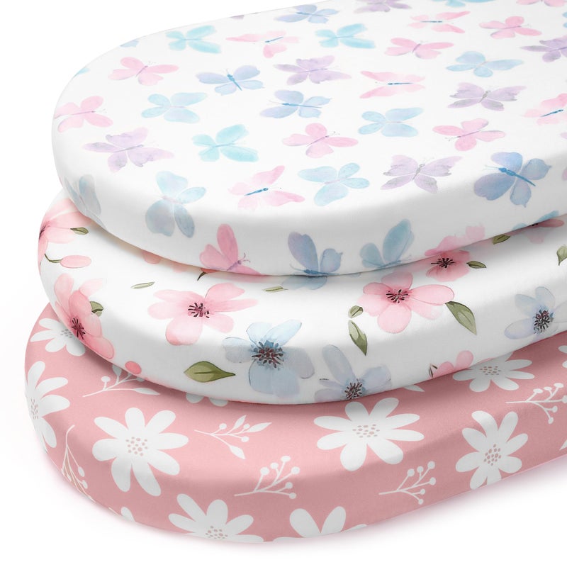 FIEMOL Baby Bassinet Sheets Girl, 3 Pack Fitted Bassinet Mattress Sheets, Compatible with Halo Bassinest Swivel Sleeper&Oval Hourglass Rectangle Mattress,Ultra Soft Butterfly Floral - Image 1