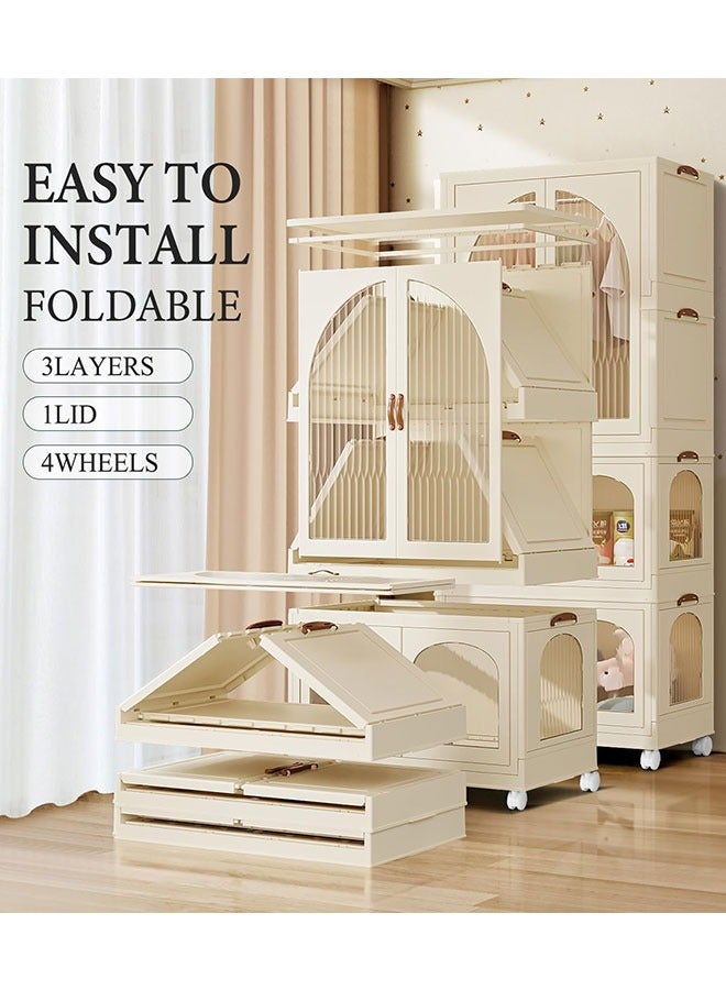Childrens Wardrobe,Baby Clothes Cabinet Collapsible Kids Closet Storage Organizer Bedroom Nursery Armoire Quick Install Toddler Dresser with Hanging Rod and Wheel(1 Hanging Area+2 Storage)
