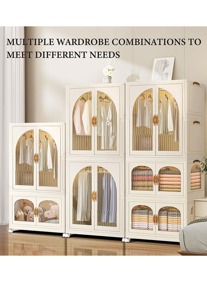 Childrens Wardrobe,Baby Clothes Cabinet Collapsible Kids Closet Storage Organizer Bedroom Nursery Armoire Quick Install Toddler Dresser with Hanging Rod and Wheel(1 Hanging Area+2 Storage)
