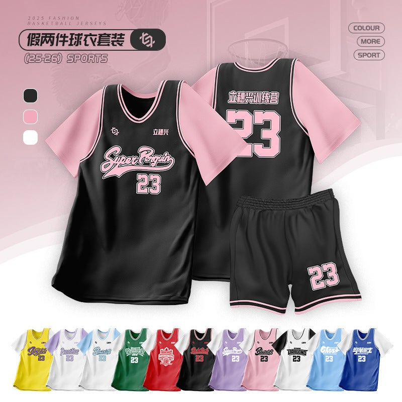 Summer Fake Two-Piece Basketball Uniform Suit For Men, Adults And Teenagers, Sports Jerseys For Children And Women, Quick-Drying Training Uniforms - Image 2