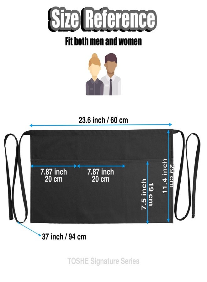 TOSHE Waist Apron with 3 Pockets Waterdrop Resistant Premium Cotton Waitress Apron 10 Color Option Server Apron (2, Black) - Image 4