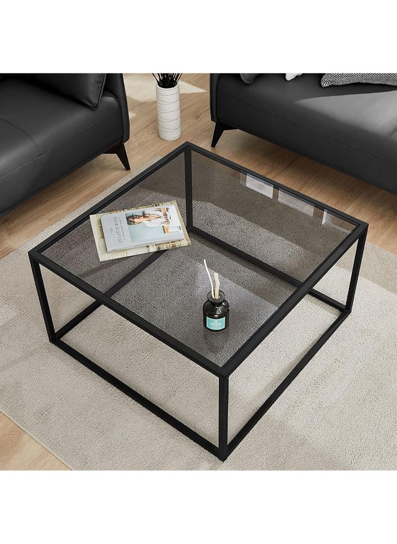 AGD AGD Glass Coffee Table, Modern Simple Square Coffee Table 27.6 x 27.6 x 15.7 Inch for Living Room, Grey and Black  - Image 1