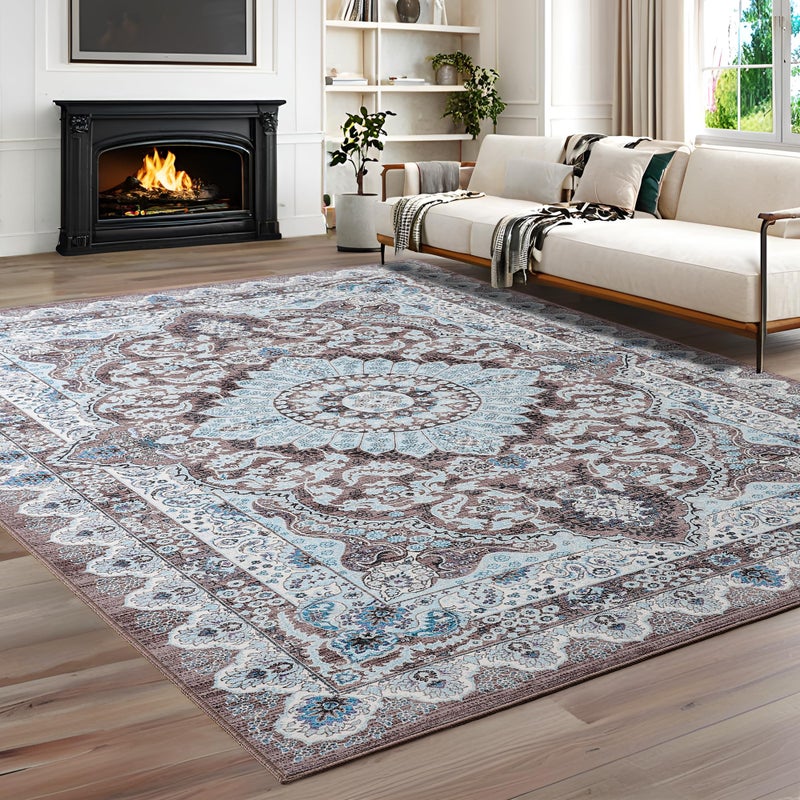 Foxmas 6x9 Area Rugs for Living Room, Machine Washable Vintage Rug, Non-Slip Low Pile Throw Rugs with Rubber Backing Washable Carpet for Bedroom Dining Room Kitchen Home Decor, Brown - Image 2