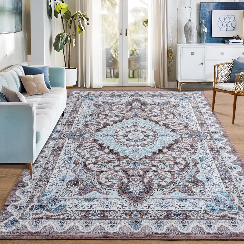 Foxmas 6x9 Area Rugs for Living Room, Machine Washable Vintage Rug, Non-Slip Low Pile Throw Rugs with Rubber Backing Washable Carpet for Bedroom Dining Room Kitchen Home Decor, Brown - Image 1