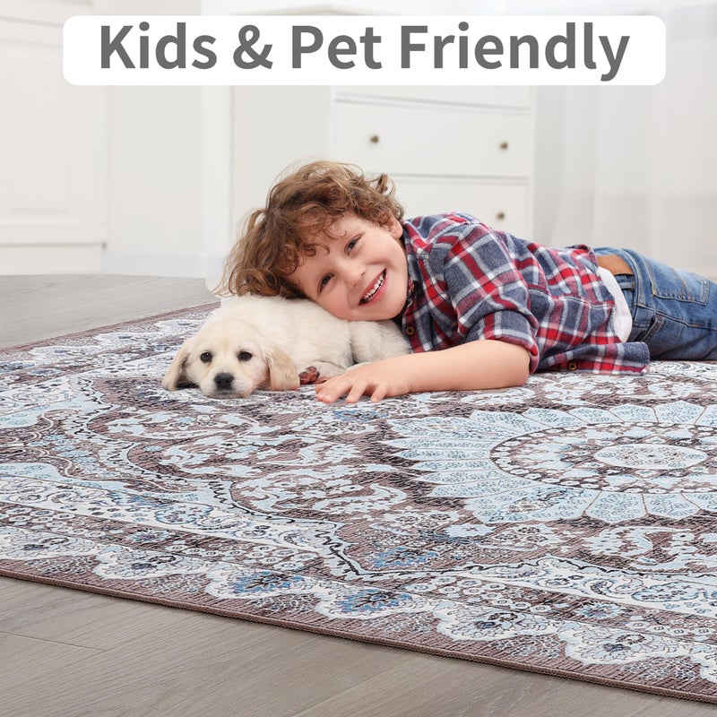 Foxmas 6x9 Area Rugs for Living Room, Machine Washable Vintage Rug, Non-Slip Low Pile Throw Rugs with Rubber Backing Washable Carpet for Bedroom Dining Room Kitchen Home Decor, Brown - Image 5