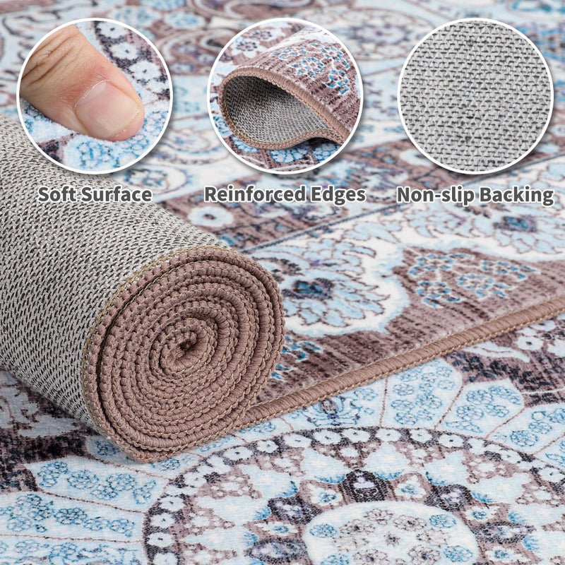 Foxmas 6x9 Area Rugs for Living Room, Machine Washable Vintage Rug, Non-Slip Low Pile Throw Rugs with Rubber Backing Washable Carpet for Bedroom Dining Room Kitchen Home Decor, Brown - Image 4