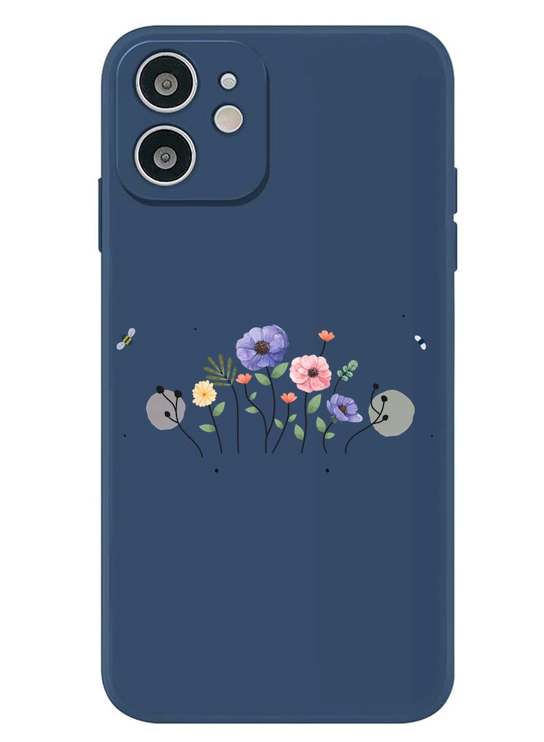 Theodor Protective Slim Fit Case Liquid Silicone Cover with Full Body Protection Anti-Scratch Shockproof Case For iPhone 12 Blue  - Flower and bees - Image 1