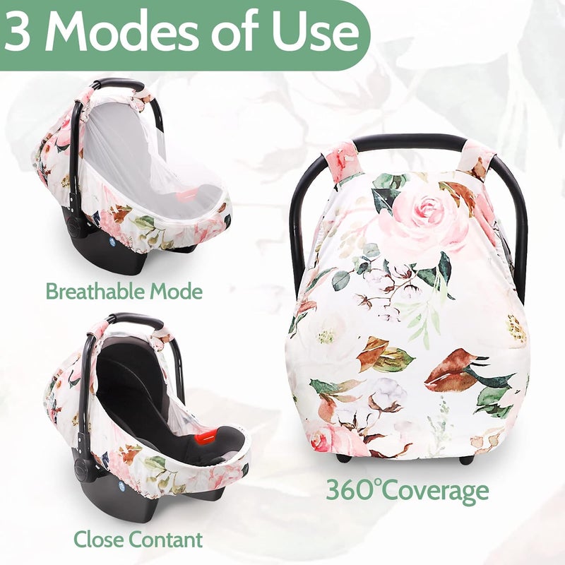 DILIMI Car Seat Covers for Babies Girl Boy, Cozy Sun & Bug Cover, Infant Carseat Canopy Newborn Stroller Carrier Cover with Breathable Zipper Peep Window, Watercolor Pink Flower - Image 4