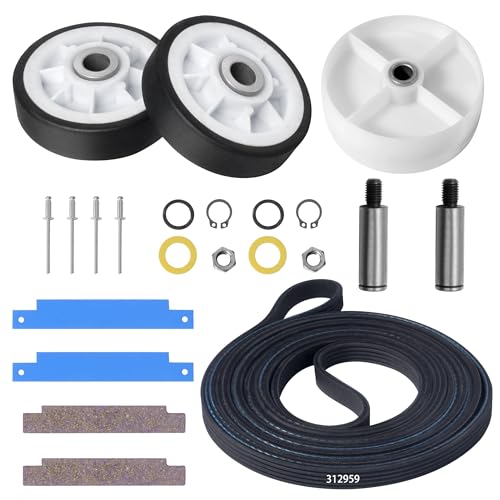 Semzohc Dryer Repair Kit - 312959 Drum Belt, 303373K 12001541 Dryer Drum Roller Kit Fit for may-tag Dryer LDG8424AAE LDG9304AAM DE212 DE313 LDE8406ACE, LDE8406ACM, LDE8406ADE, LDE8410, LDE8410ACE - Image 1