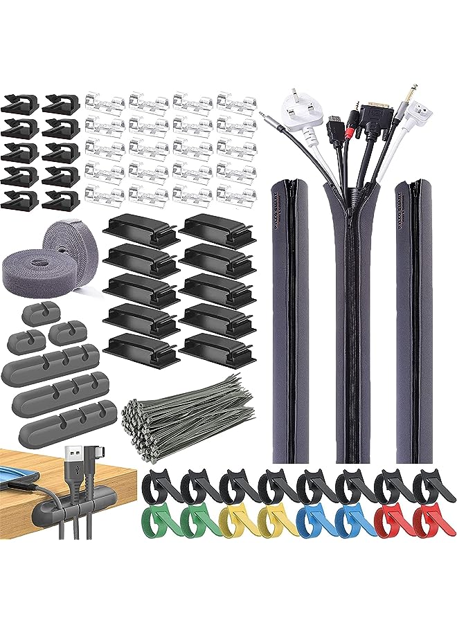 PYLCO SMART Cable Management Kit, 3 Cable Sleeve Large, 6 Silicone Cable Holder, 24+2 Roll Cable Organizer Straps, 40 Cord Clips, 180 Wire Organiser Cable Ties for TV PC Under Desk Home Office - Image 1
