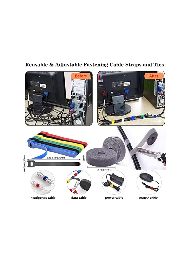 PYLCO SMART Cable Management Kit, 3 Cable Sleeve Large, 6 Silicone Cable Holder, 24+2 Roll Cable Organizer Straps, 40 Cord Clips, 180 Wire Organiser Cable Ties for TV PC Under Desk Home Office - Image 4