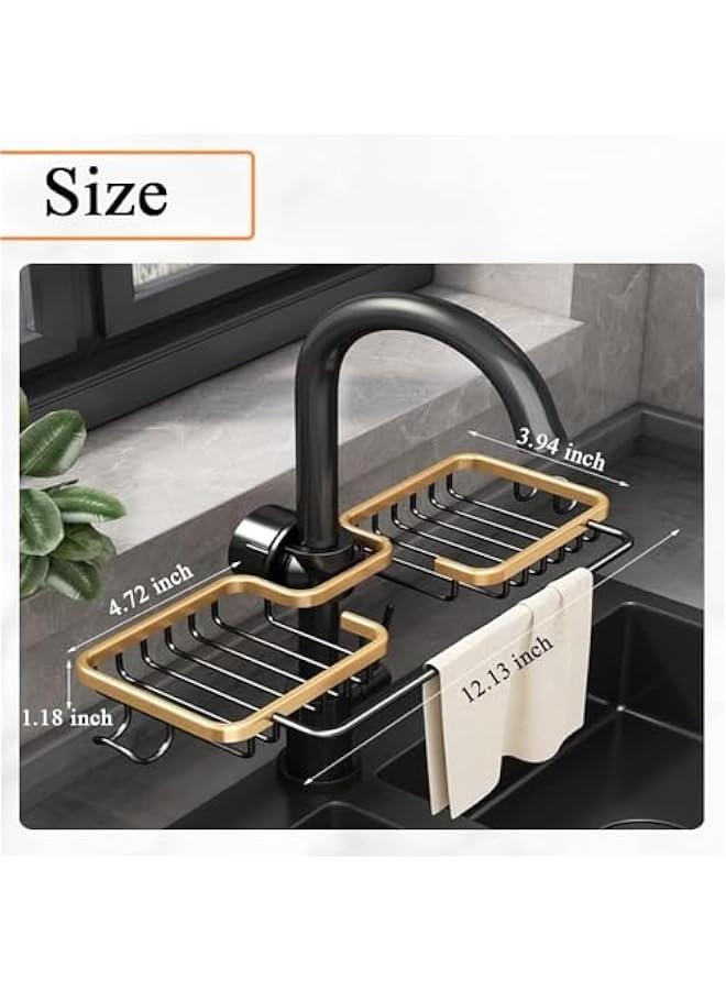 علبة حوض المطبخ صنبور حوض المطبخ، حامل إسفنج لحوض المطبخ، منظم حوض المطبخ والتخزين مع حامل فرشاة عالية، منظم أدوات مطبخ مقاومة للصدأ، منظم إسفنج للأطباق مع رف لأغطية الصحون (ذهبي) - Image 4