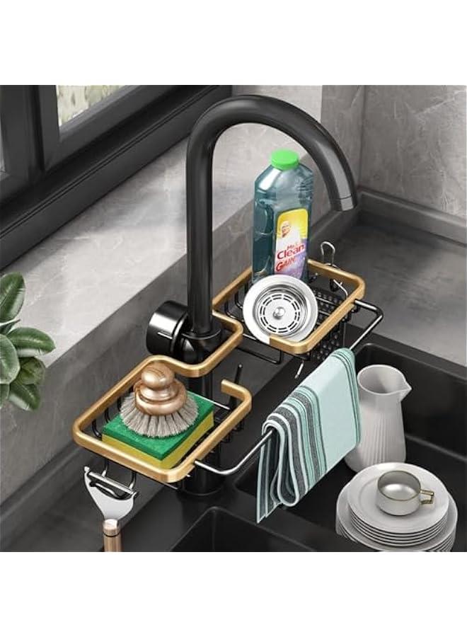 علبة حوض المطبخ صنبور حوض المطبخ، حامل إسفنج لحوض المطبخ، منظم حوض المطبخ والتخزين مع حامل فرشاة عالية، منظم أدوات مطبخ مقاومة للصدأ، منظم إسفنج للأطباق مع رف لأغطية الصحون (ذهبي) - Image 1
