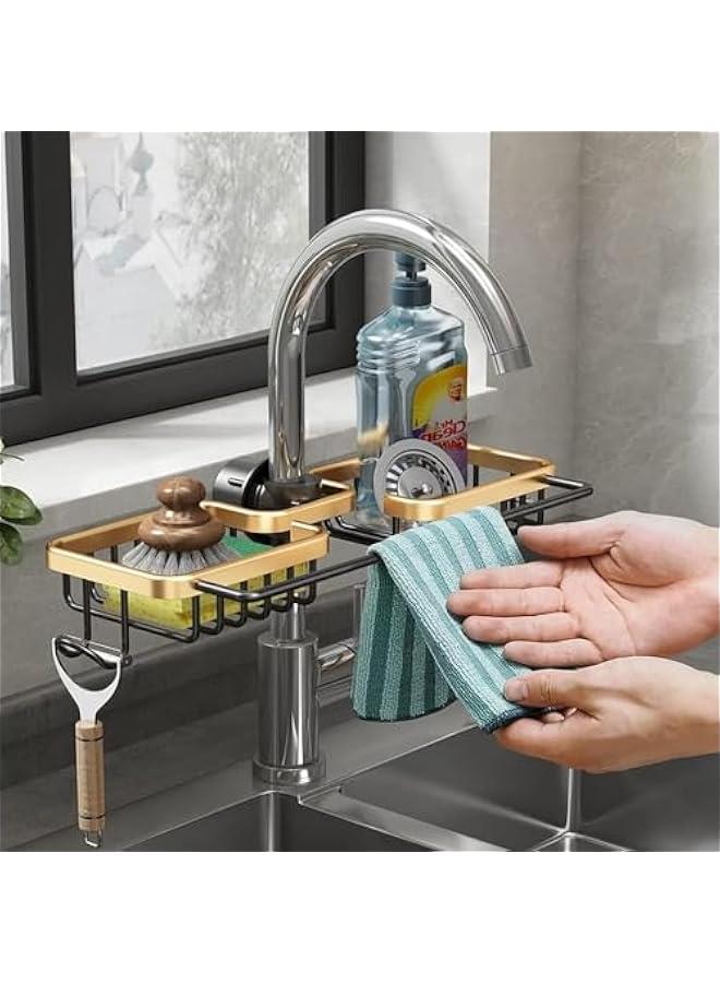 علبة حوض المطبخ صنبور حوض المطبخ، حامل إسفنج لحوض المطبخ، منظم حوض المطبخ والتخزين مع حامل فرشاة عالية، منظم أدوات مطبخ مقاومة للصدأ، منظم إسفنج للأطباق مع رف لأغطية الصحون (ذهبي) - Image 2
