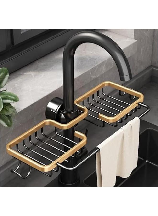 علبة حوض المطبخ صنبور حوض المطبخ، حامل إسفنج لحوض المطبخ، منظم حوض المطبخ والتخزين مع حامل فرشاة عالية، منظم أدوات مطبخ مقاومة للصدأ، منظم إسفنج للأطباق مع رف لأغطية الصحون (ذهبي) - Image 5