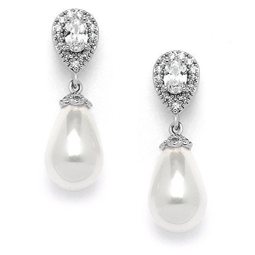 Mariell Pearl Bridal Wedding Clip-On Earrings for Brides, Pearl and CZ Non-Pierced Drop Bridal Earring - Image 1
