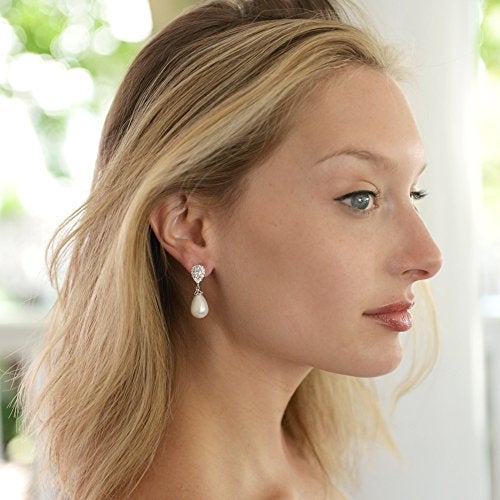 Mariell Pearl Bridal Wedding Clip-On Earrings for Brides, Pearl and CZ Non-Pierced Drop Bridal Earring - Image 2