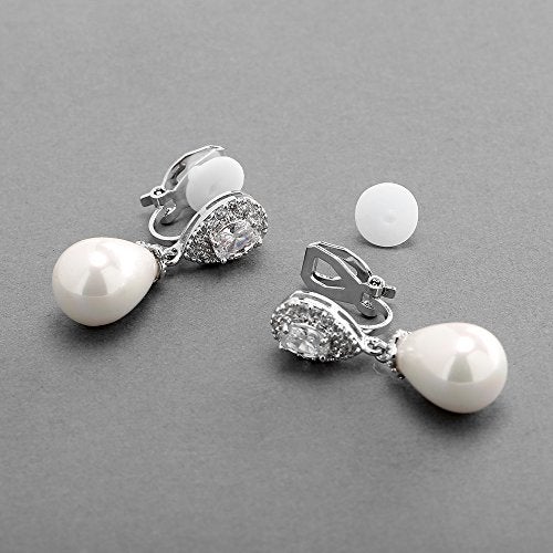 Mariell Pearl Bridal Wedding Clip-On Earrings for Brides, Pearl and CZ Non-Pierced Drop Bridal Earring - Image 5
