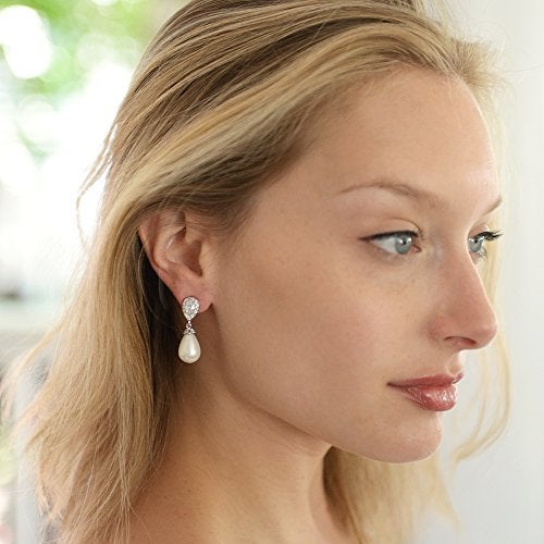 Mariell Pearl Bridal Wedding Clip-On Earrings for Brides, Pearl and CZ Non-Pierced Drop Bridal Earring - Image 3