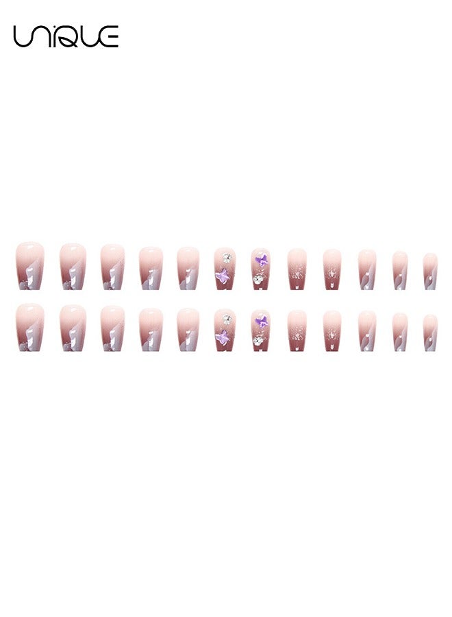 Unique 24Pcs Fake Nails, Press Nails, Mid-length Ballet Manicure - Shiny Cloud Manicure - Purple Laser Butterfly Gradient Manicure - Fake Nail Patch - Image 5