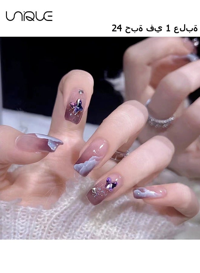 Unique 24Pcs Fake Nails, Press Nails, Mid-length Ballet Manicure - Shiny Cloud Manicure - Purple Laser Butterfly Gradient Manicure - Fake Nail Patch - Image 1