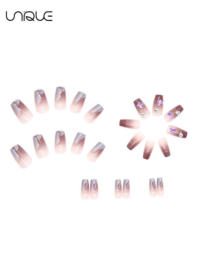 Unique 24Pcs Fake Nails, Press Nails, Mid-length Ballet Manicure - Shiny Cloud Manicure - Purple Laser Butterfly Gradient Manicure - Fake Nail Patch - Image 3