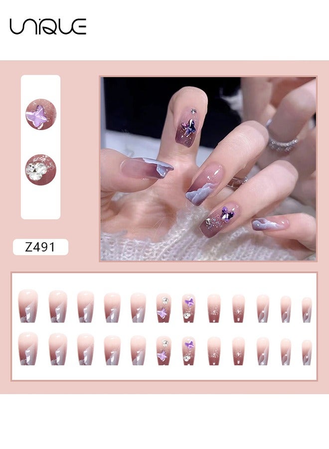 Unique 24Pcs Fake Nails, Press Nails, Mid-length Ballet Manicure - Shiny Cloud Manicure - Purple Laser Butterfly Gradient Manicure - Fake Nail Patch - Image 2