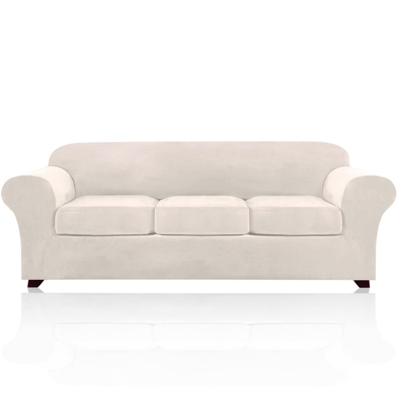 PrinceDeco PriceDeco Velvet XL Couch Cover for Oversized Sofa 4 Piece Sofa Covers for 3 Cushion Couch Washable Furniture Protector with Non Slip Elastic Bottom Width Up to 97 InchXLarge Ivory 