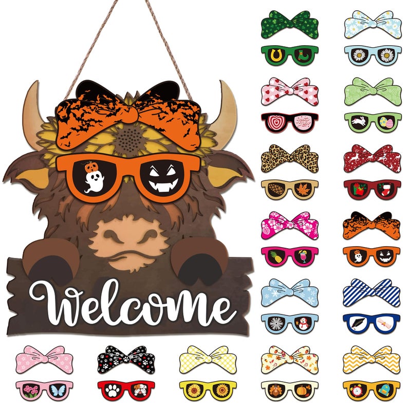 Riletese Highland Cow Front Door Decorations - Interchangeable Welcome Sign for Front Door with 16 Set Changeable Icons for Seasons Holiday Thanksgiving Christmas Door Decor - Image 1
