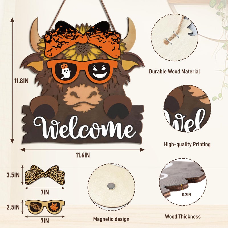 Riletese Highland Cow Front Door Decorations - Interchangeable Welcome Sign for Front Door with 16 Set Changeable Icons for Seasons Holiday Thanksgiving Christmas Door Decor - Image 2
