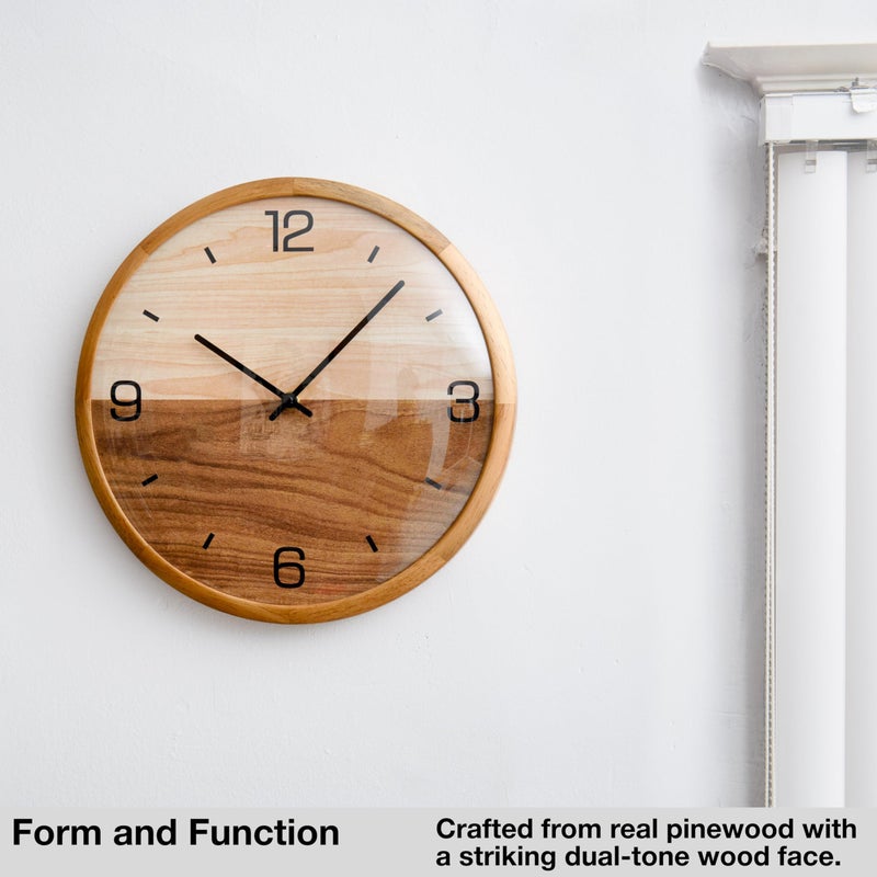 Driini Analog Dome Glass Wall Clock (12") - Pine Wood Frame with Two-Tone Wooden Face - Battery Operated with Silent Movement - Large Decorative Clocks for Classroom, Office, Living Room, or Bedrooms. - Image 3