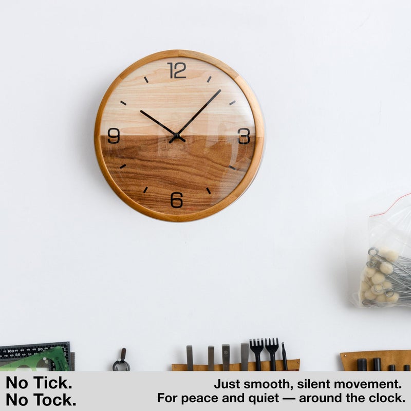 Driini Analog Dome Glass Wall Clock (12") - Pine Wood Frame with Two-Tone Wooden Face - Battery Operated with Silent Movement - Large Decorative Clocks for Classroom, Office, Living Room, or Bedrooms. - Image 5